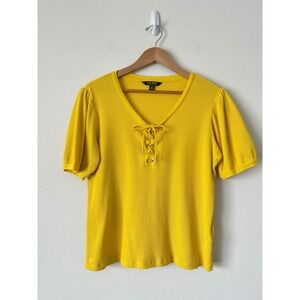 Lauren Ralph Women's SZ Large Yellow Ribbed Lace Up Short Sleeve Top